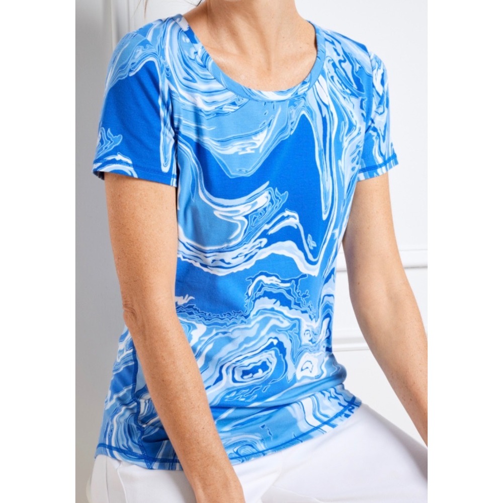 T by Talbots Womens XL Blue Marble Swirl Short Sleeve Active Tee Cotton Modal